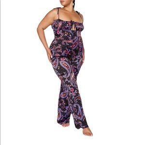 NWT WeWoreWhat Danielle Bernstein Black Paisley satin pull on jumpsuit jumper